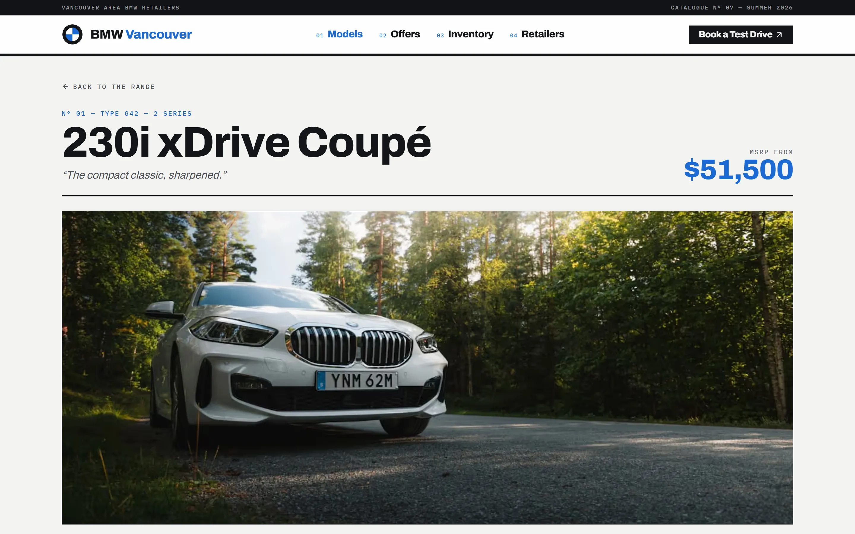 A BMW Vancouver model sheet for the 230i xDrive Coupé, with a large blueprint-era photo, tagline, and MSRP.