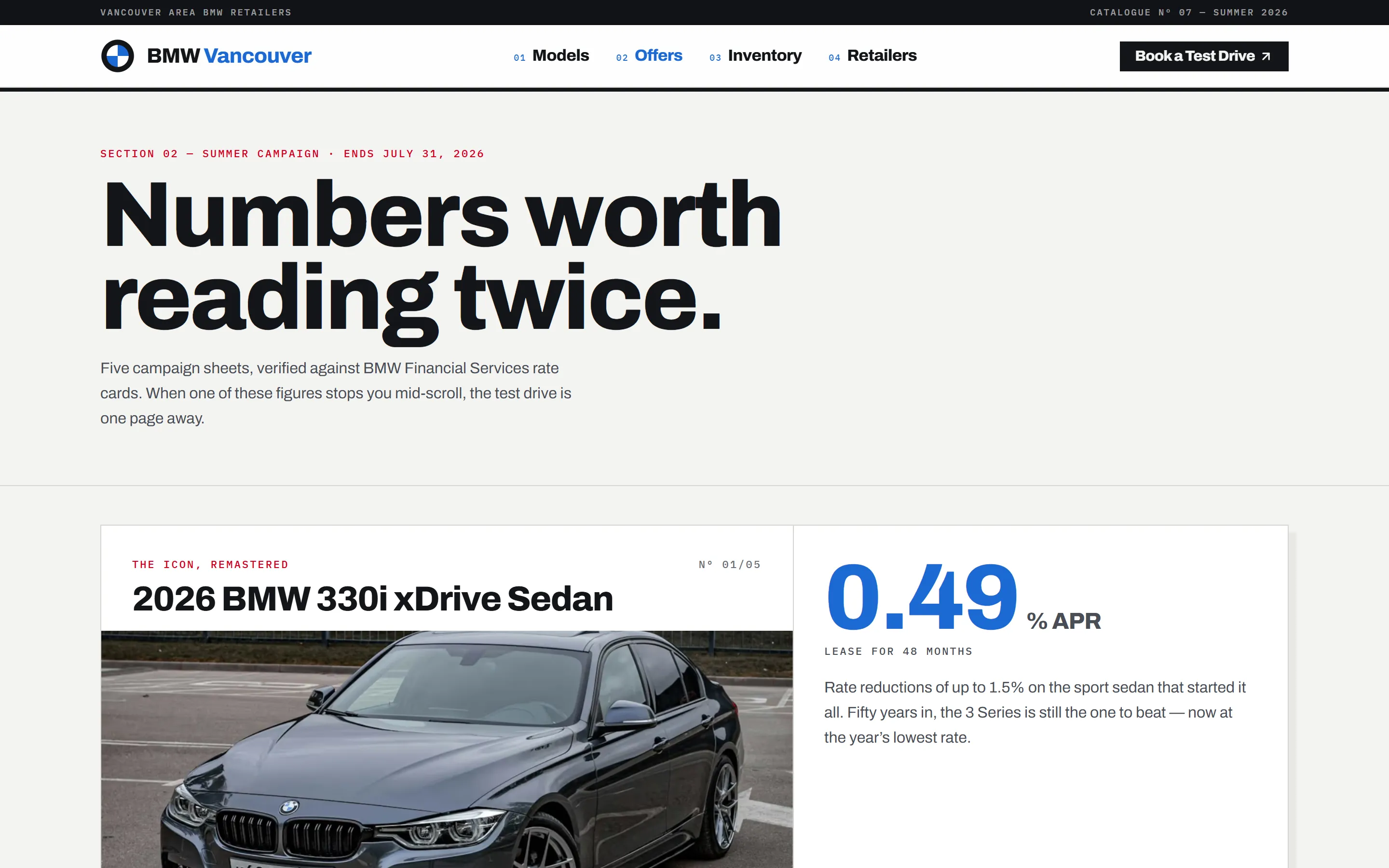 The BMW Vancouver offers page, "Numbers worth reading twice," presenting summer finance campaigns as print-style rate sheets.