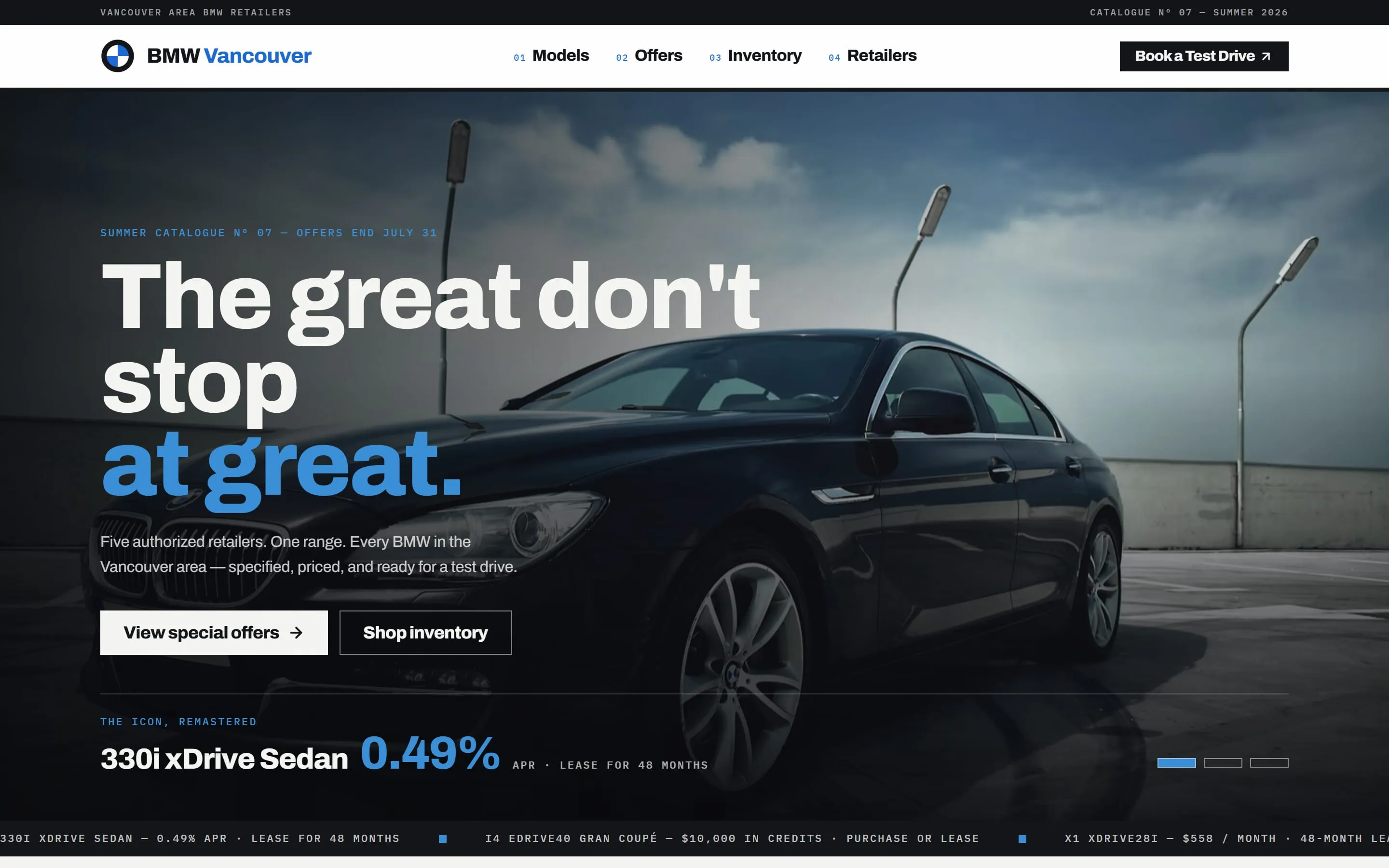 The BMW Vancouver catalogue site shown on desktop, featuring a vintage motorsport aesthetic with condensed typography, technical car drawings, and a warm paper texture.