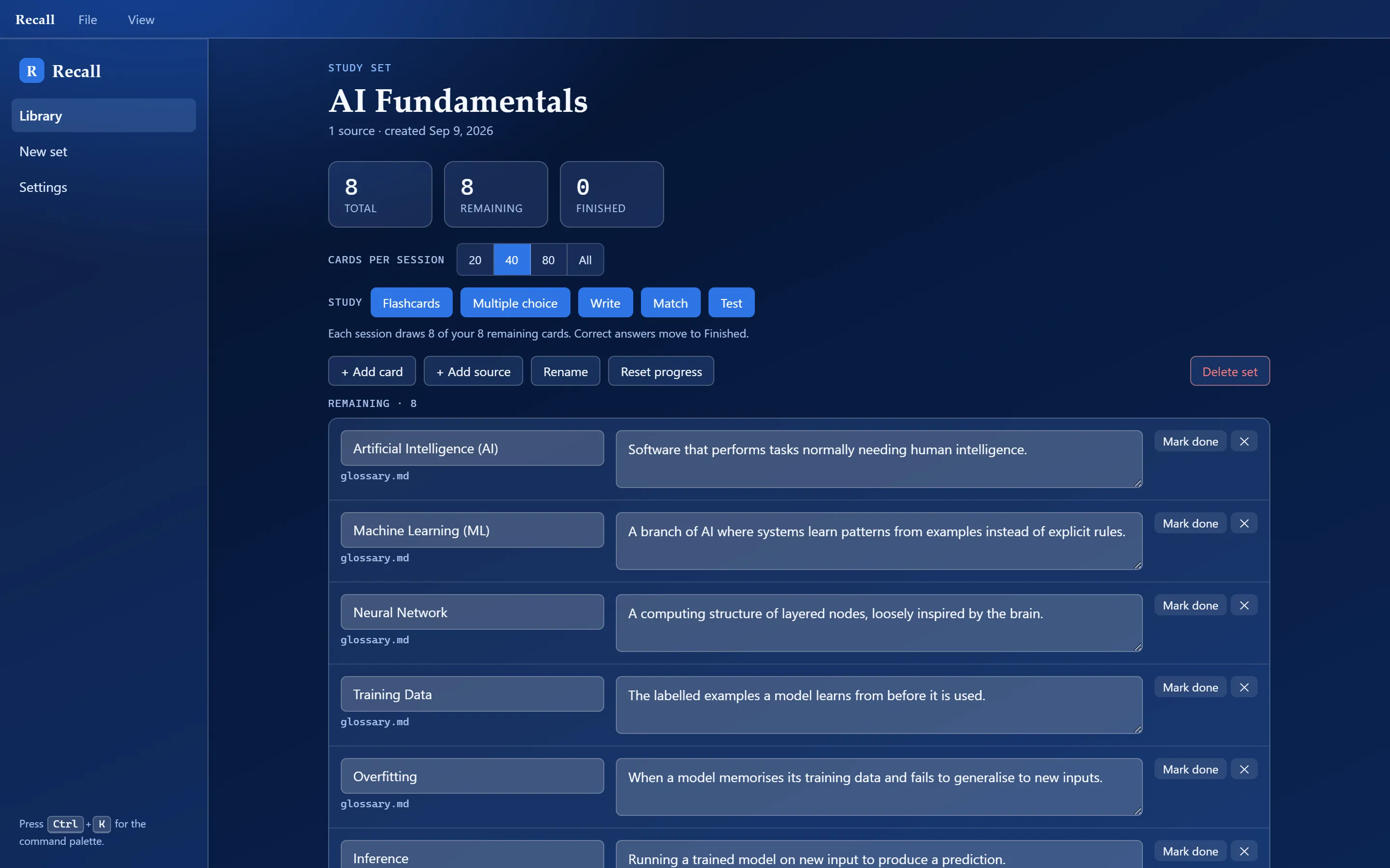 The Recall study-set detail for "AI Fundamentals," with total/remaining/finished stats, the five study-mode buttons, and an editable card list.