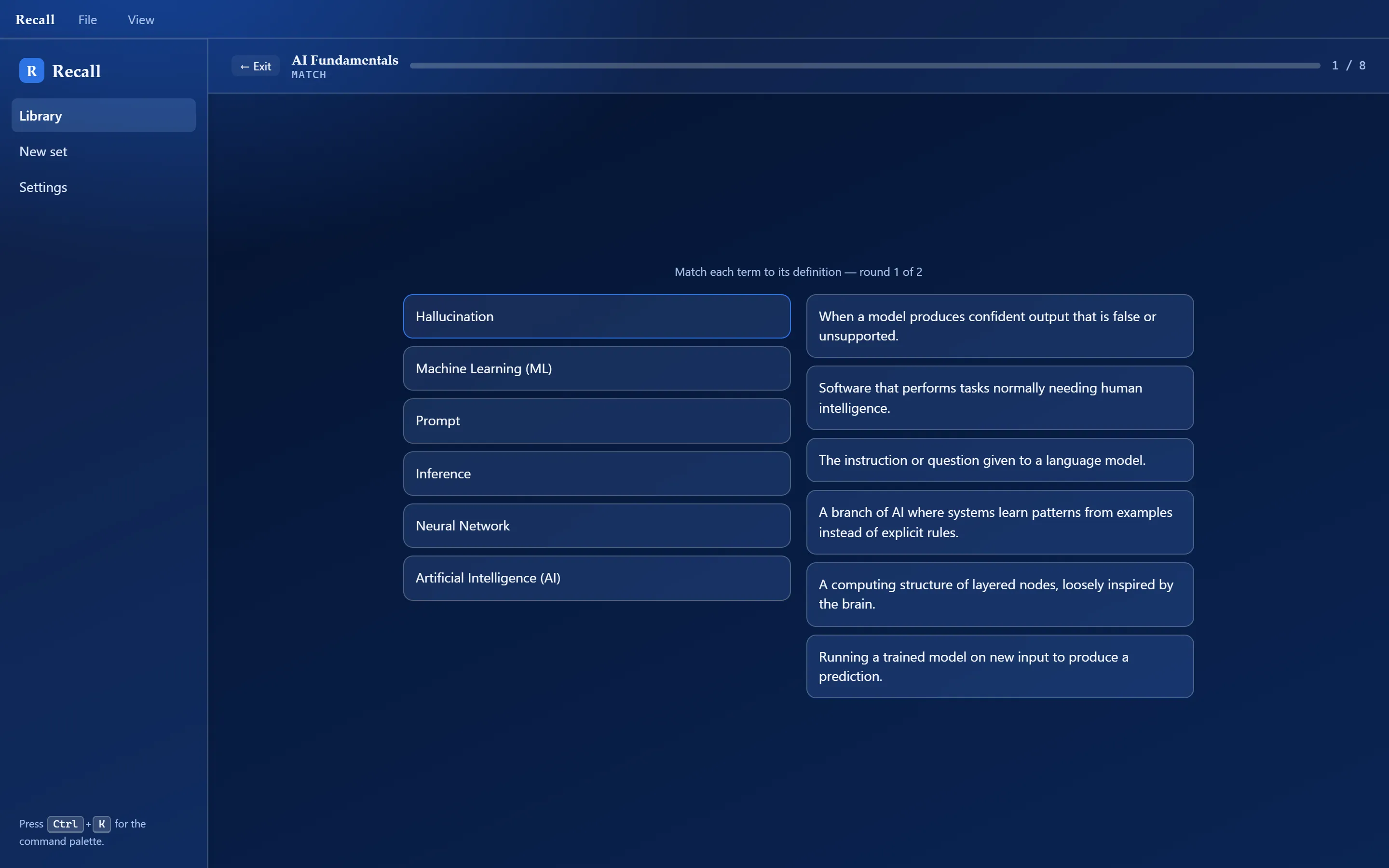 The Recall match mode showing a column of terms to pair against a column of definitions.