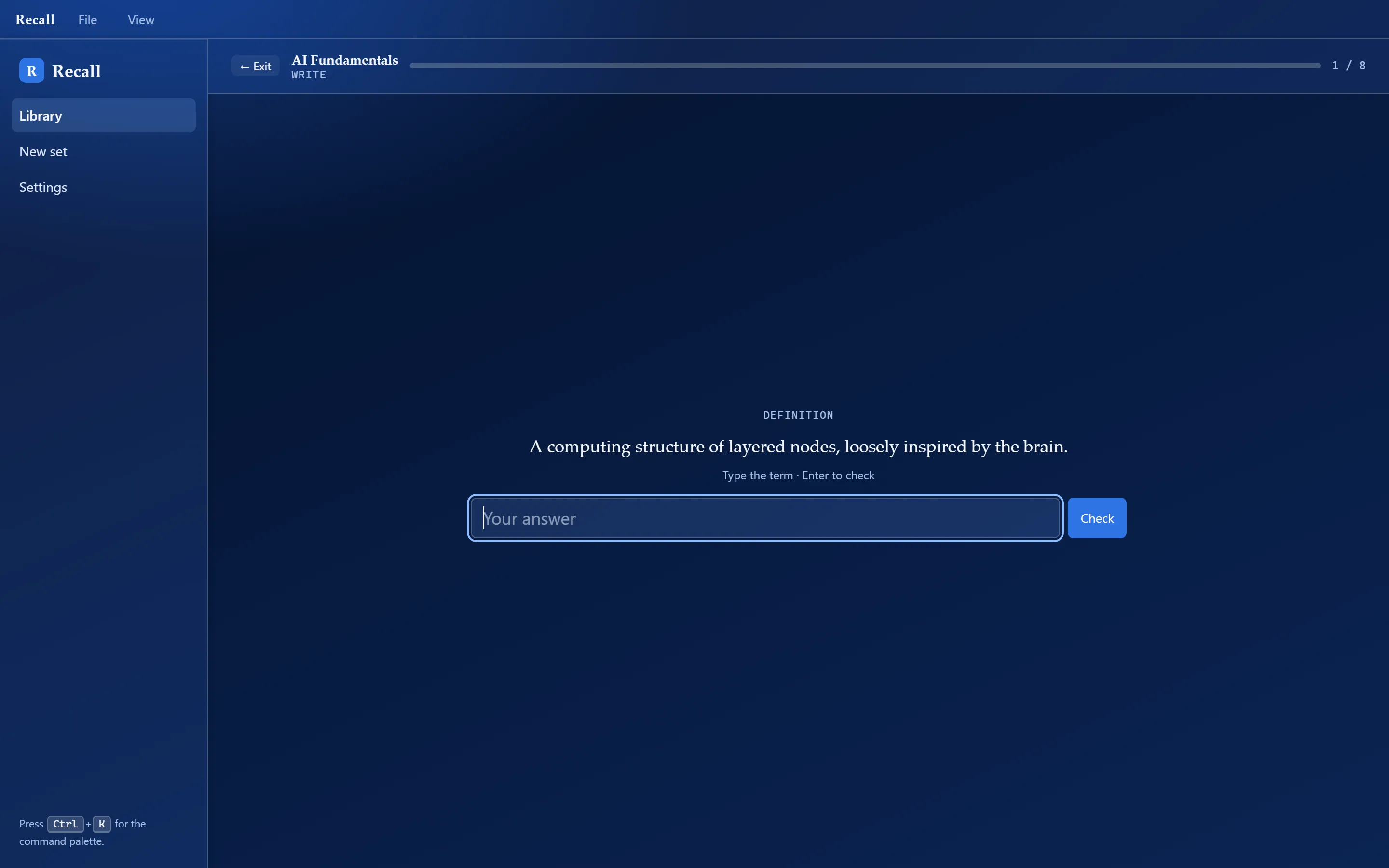 The Recall write mode showing a definition prompt with a "type the term" answer box and check button.
