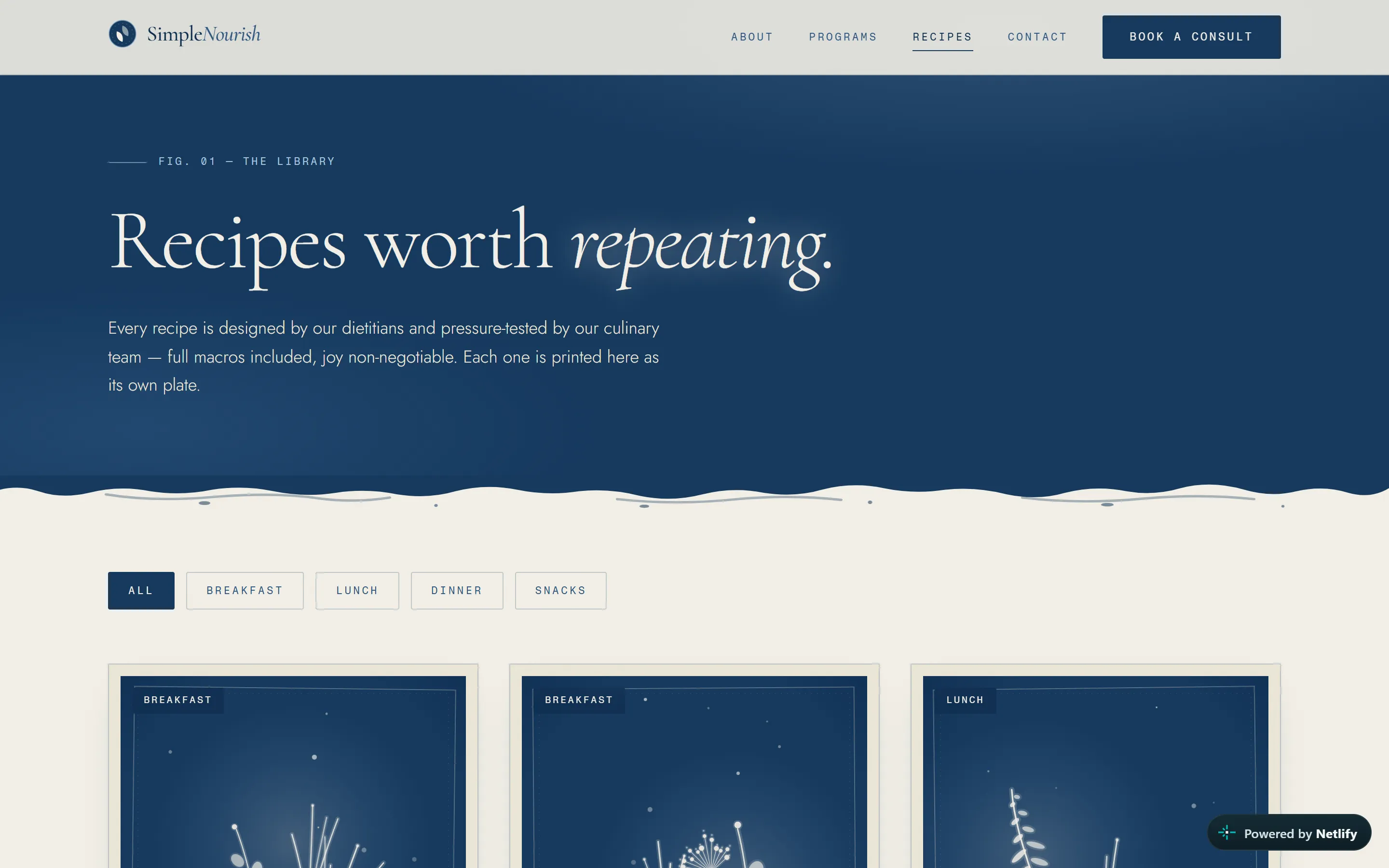 The Simple Nourish recipes page, "Recipes worth repeating," with category filters above a grid of cyanotype recipe plates.