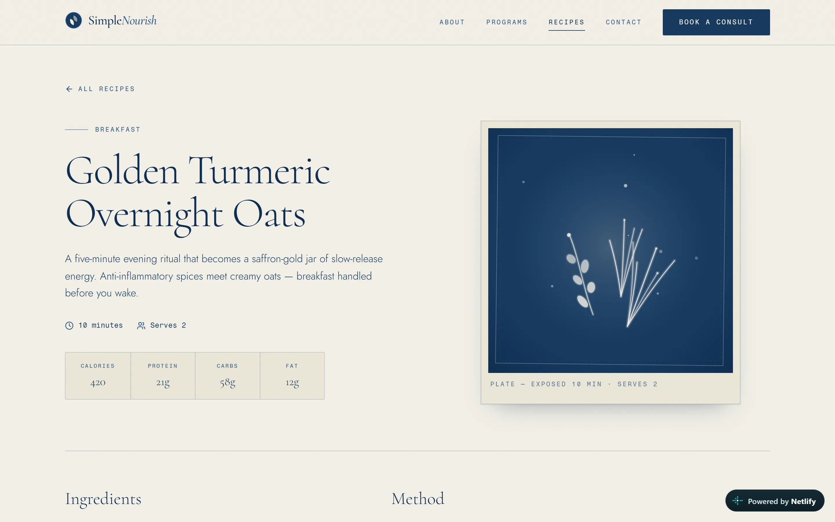 A Simple Nourish recipe page for Golden Turmeric Overnight Oats, with a cyanotype plate, macro breakdown, and method.